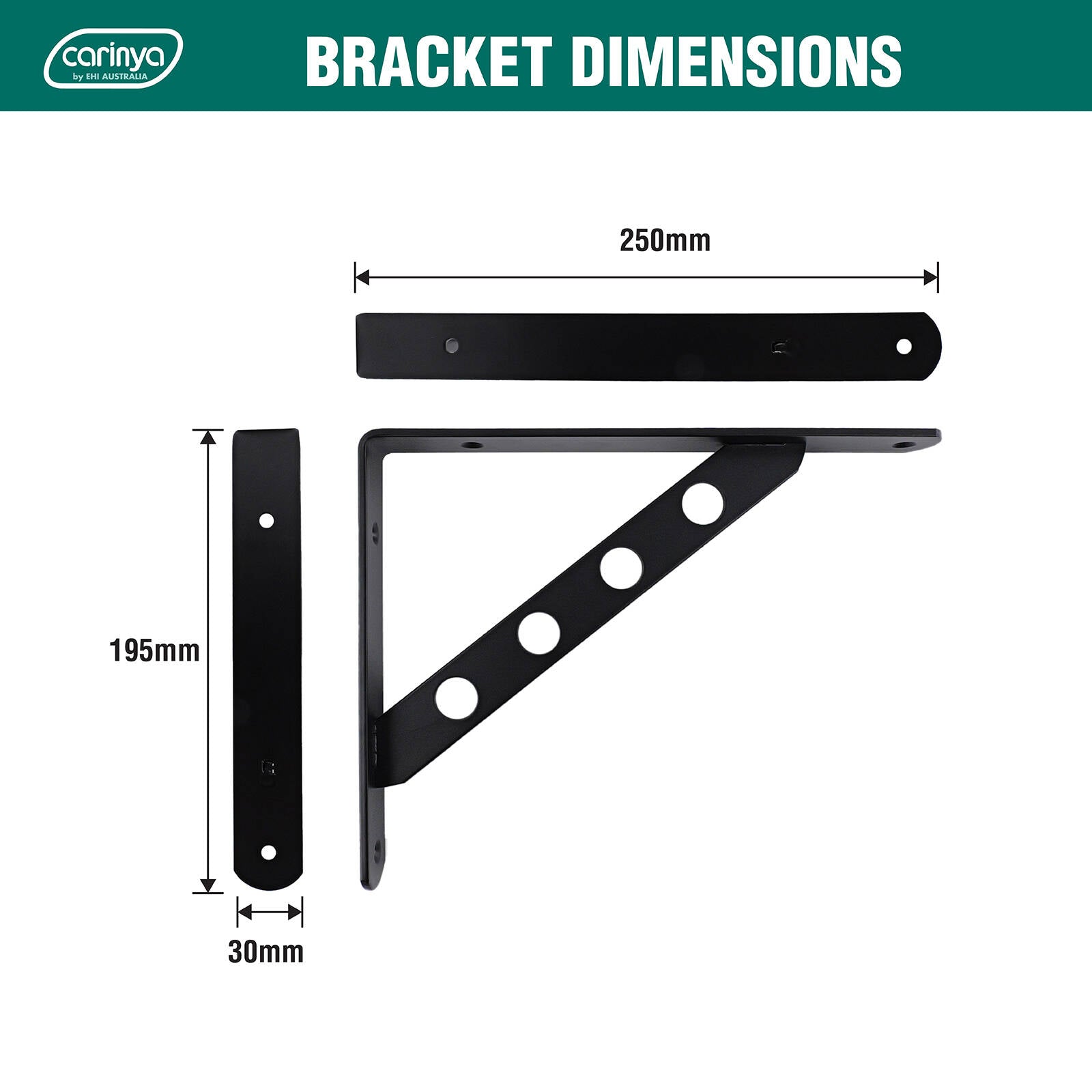 Carinya 250 x 195mm Black Heavy Duty Circle Stayed Bracket - 200kg Powder Coated Steel