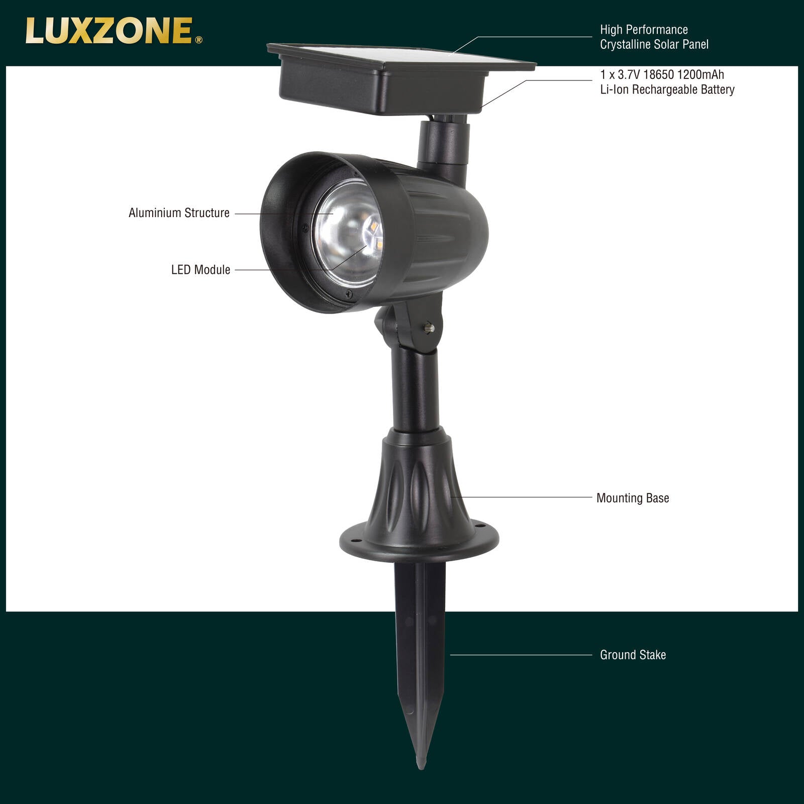 Luxzone 35cm 60lm Aluminium LED Solar Pathway Light, Adjustable Head, Weather Resistant