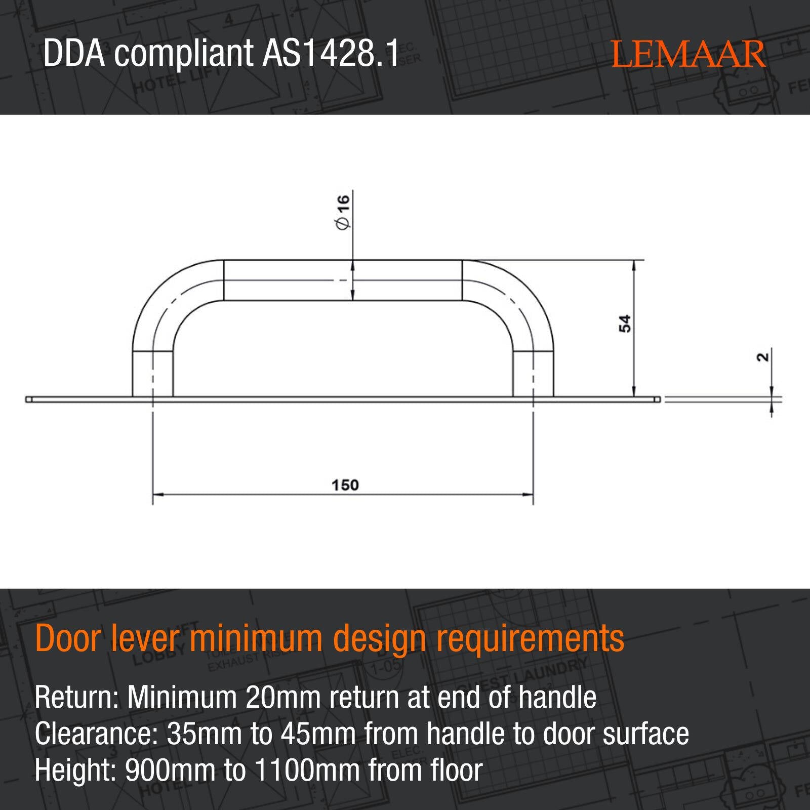 Lemaar D Pull Handle on Plate 250 x 65mm DDA Satin 304 Stainless Steel, Indoor