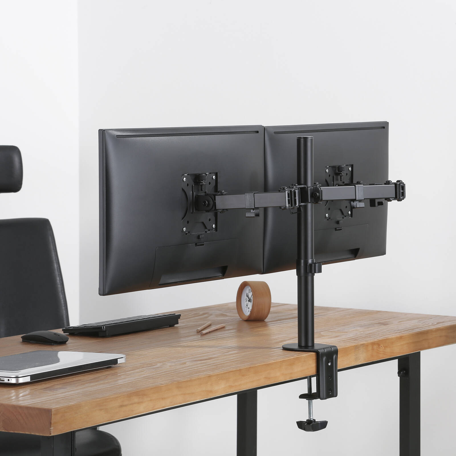 Practa Full Motion Dual Arm Monitor Mount PRMMD 13-32 inch Black Steel, Clamp or Grommet Fit