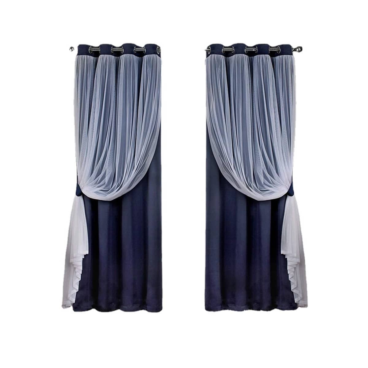 2 Panel Double Layer Blackout Curtains with Lace Trim - Blue