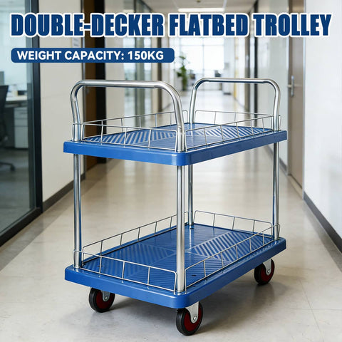 2 Tier Silent Flatbed Trolley with Double Handle for Warehouse Moving