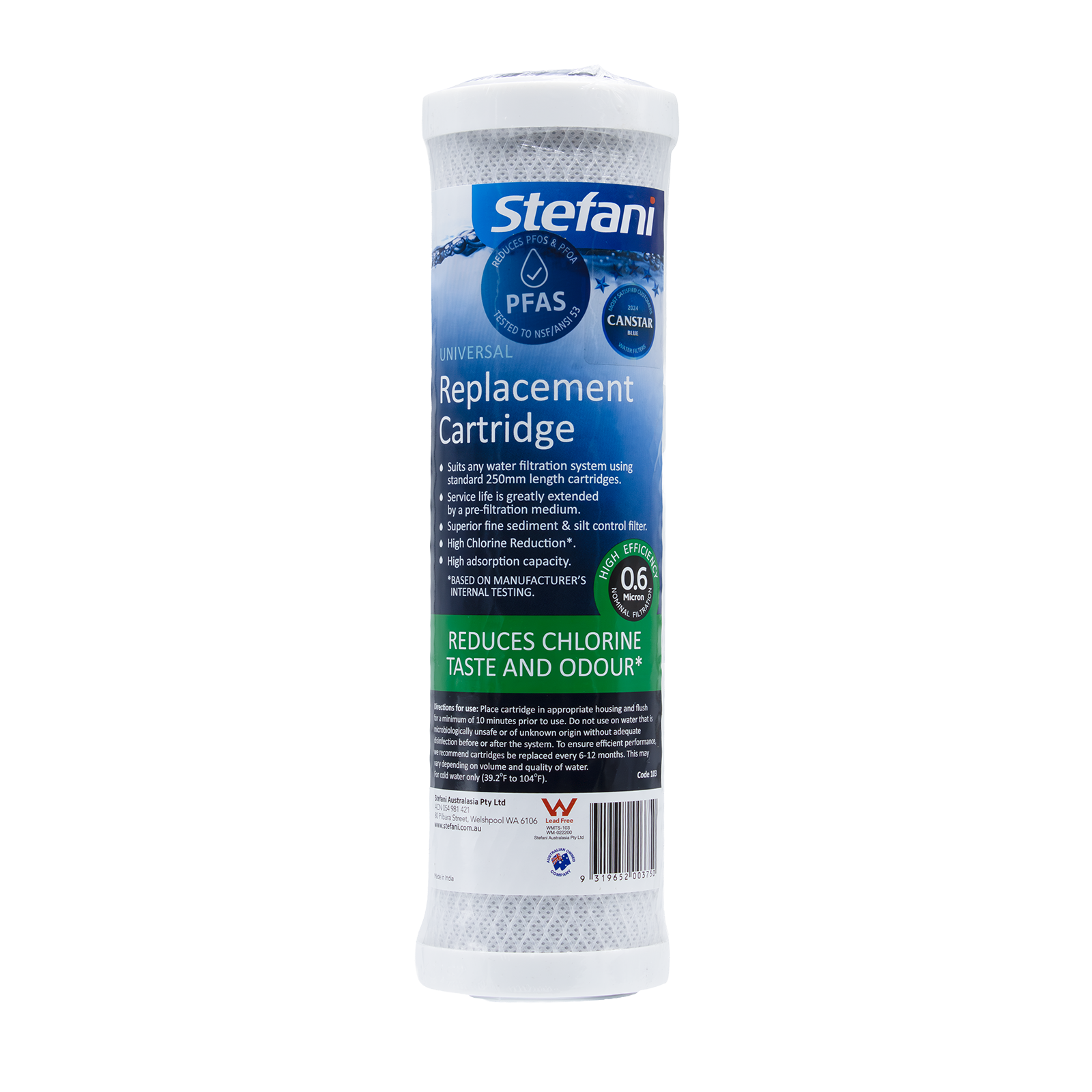 Stefani 250mm 0.6 Micron Extra Long Life Universal Carbon Block Water Filter Cartridge