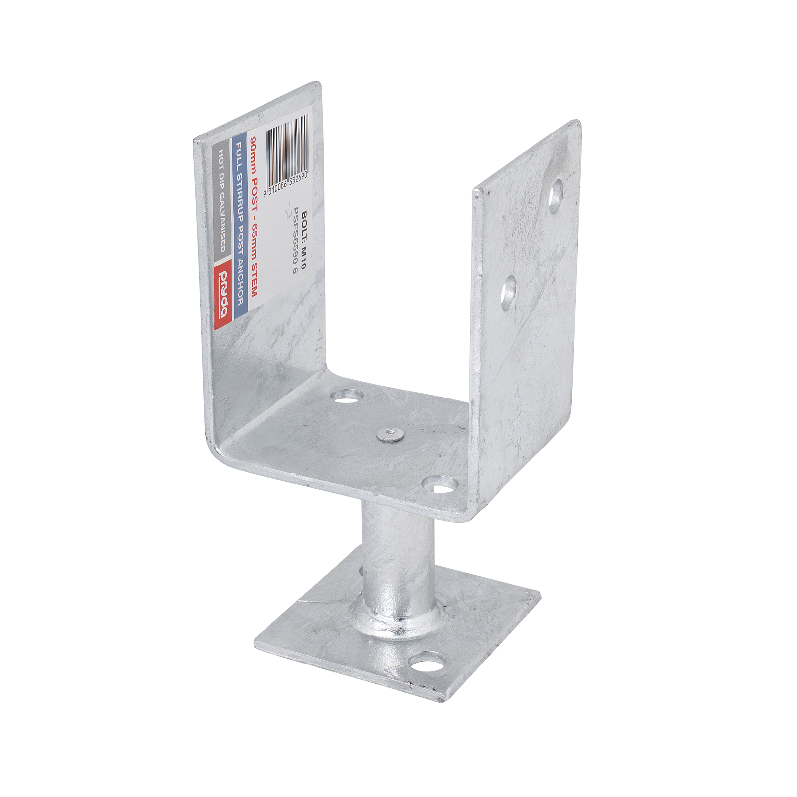 Pryda 65 x 90mm M10 Full Stirrup Post Anchor, Galvanised Steel