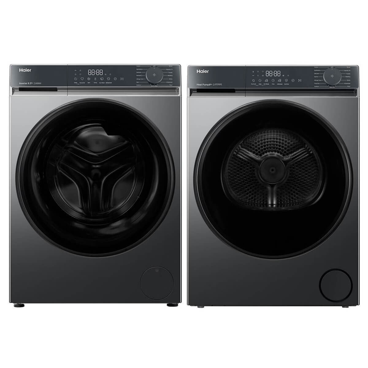 Haier 300 Series 8.5kg Front Load Washer & 8kg Heat Pump Dryer - Black - Express 15 - HWF85KB1HDHPS80KB1