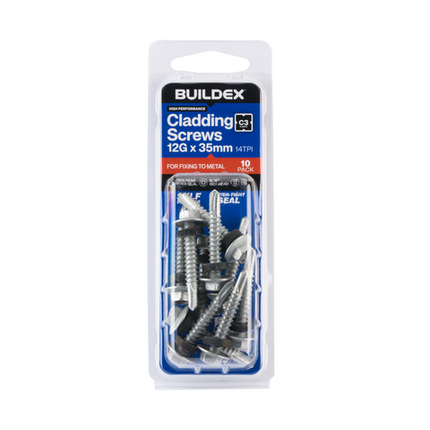 Buildex 12G x 35mm Class 3 Cladding TEKS Screws with Seal, Hex Head - 10 Pack
