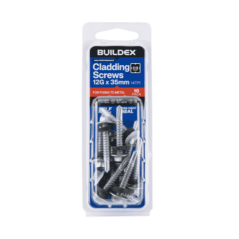 Buildex 12G x 35mm Class 3 Cladding TEKS Screws with Seal, Hex Head - 10 Pack