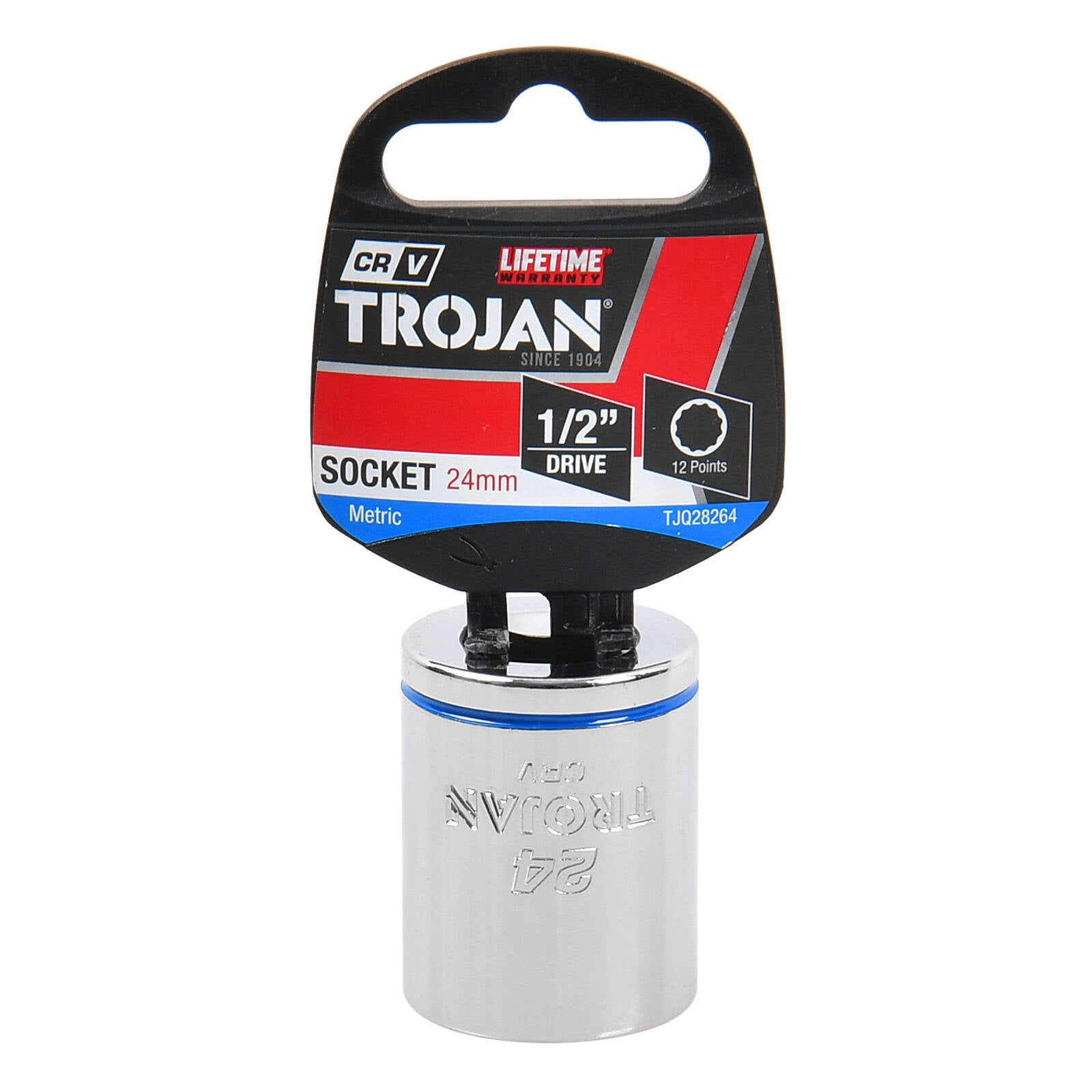 Trojan 24mm Socket 1/2" Drive, Chrome Vanadium 12 Point Metric