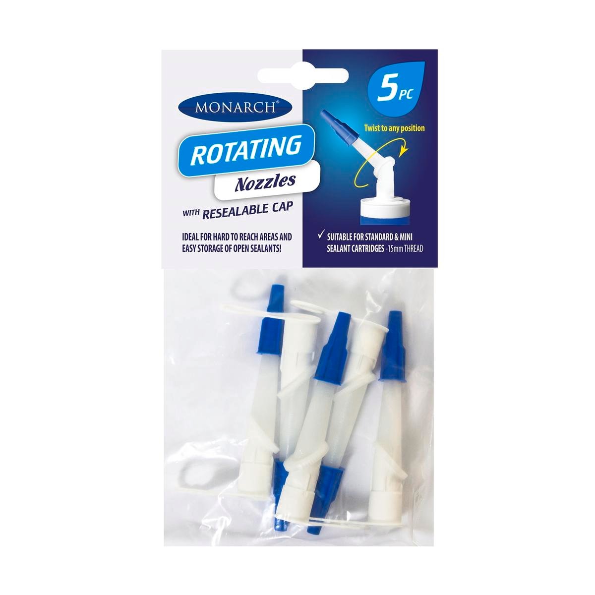 Monarch Rotating Nozzles 5 Pack, 360-Degree Plastic Sealant Nozzles with Resealable Cap