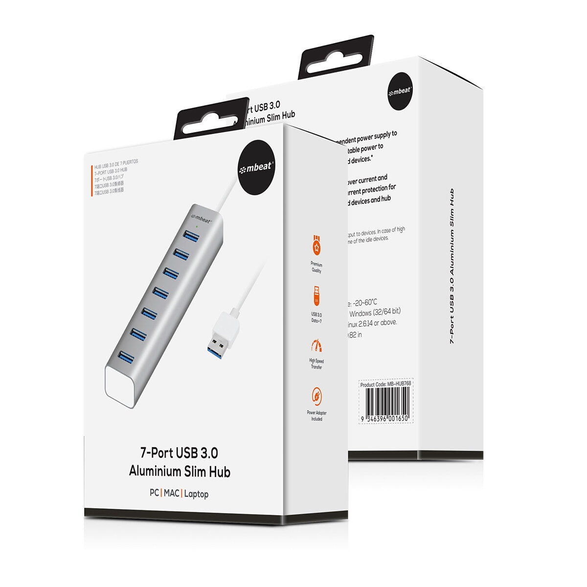 mBeat 7 Port USB 3.0 Aluminium Slim Hub With Power For PC And Mac Silver MB-HUB768 - SuperSaverAU - view 5