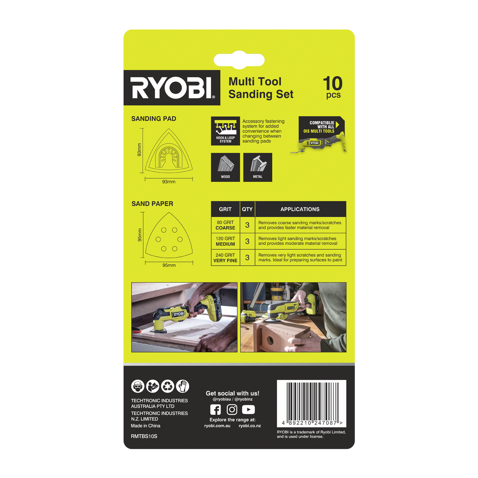 Ryobi 10 Piece Multi Tool Sanding Set 93mm Pad 80/120/240 Grit RMTBS10S
