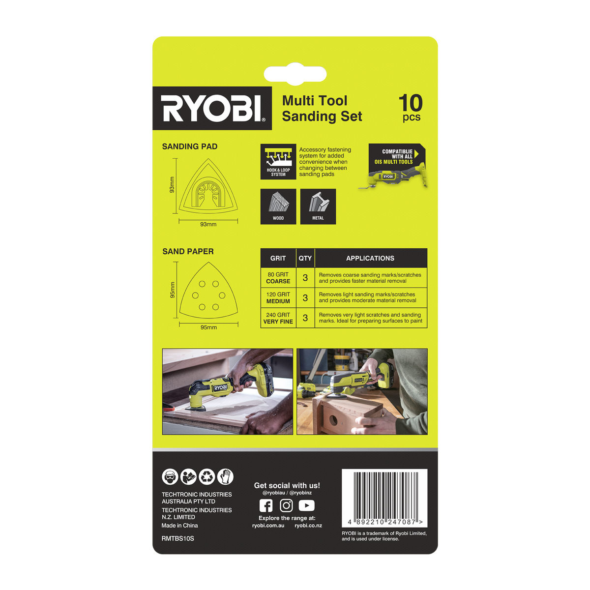 Ryobi 10 Piece Multi Tool Sanding Set - 93mm Pad - 9 Sanding Sheets - 80/120/240 Grit - SuperSaverAU - view 2