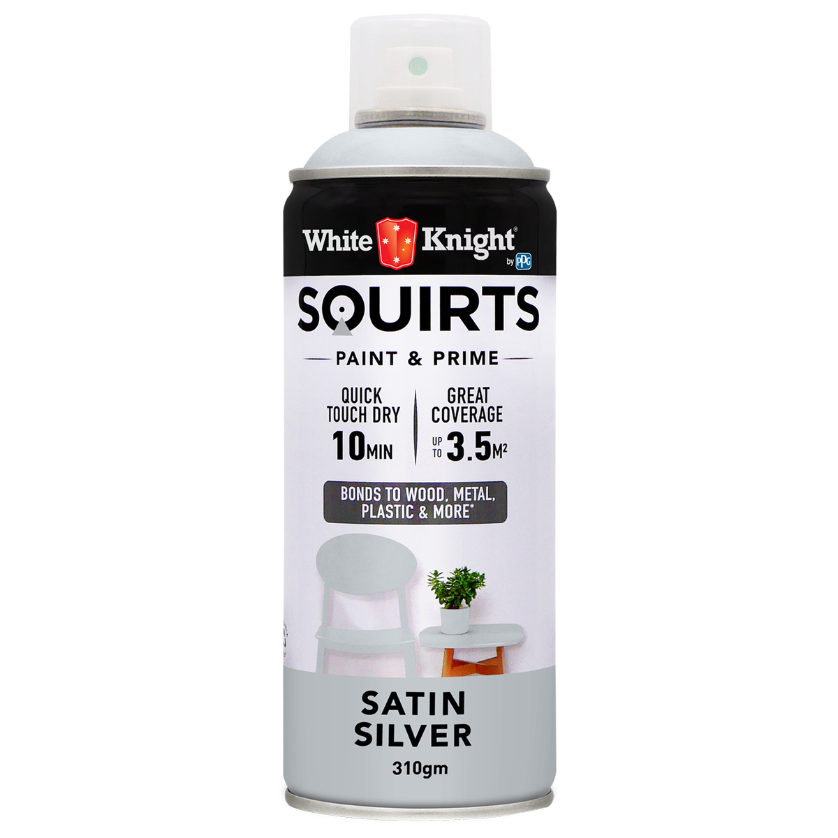 White Knight Squirts Silver Satin Spray Paint 310g Solvent Based Durable - SuperSaverAU - view 1