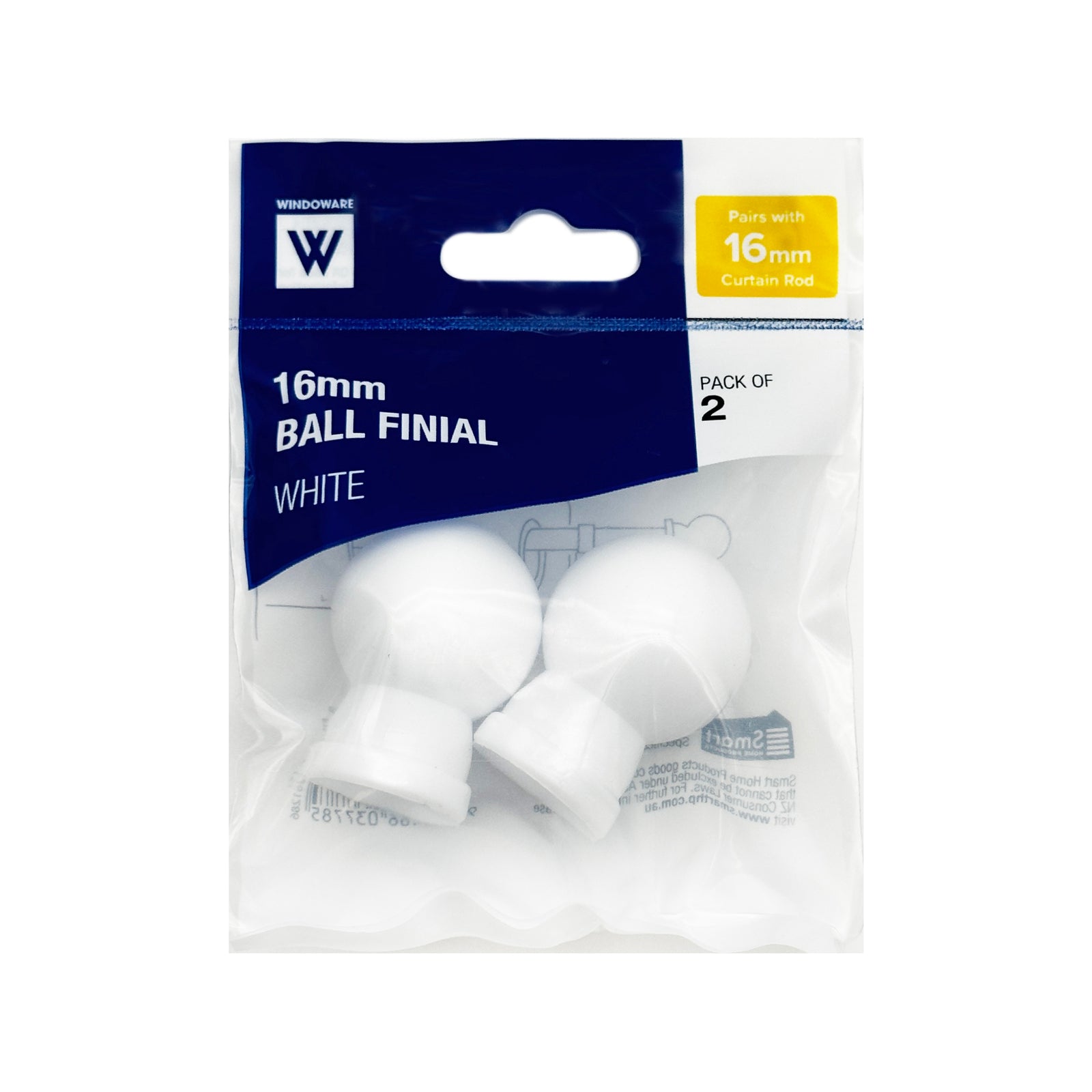 Windoware 16mm White PVC Curtain Rod Ball Finial - 2 Pack