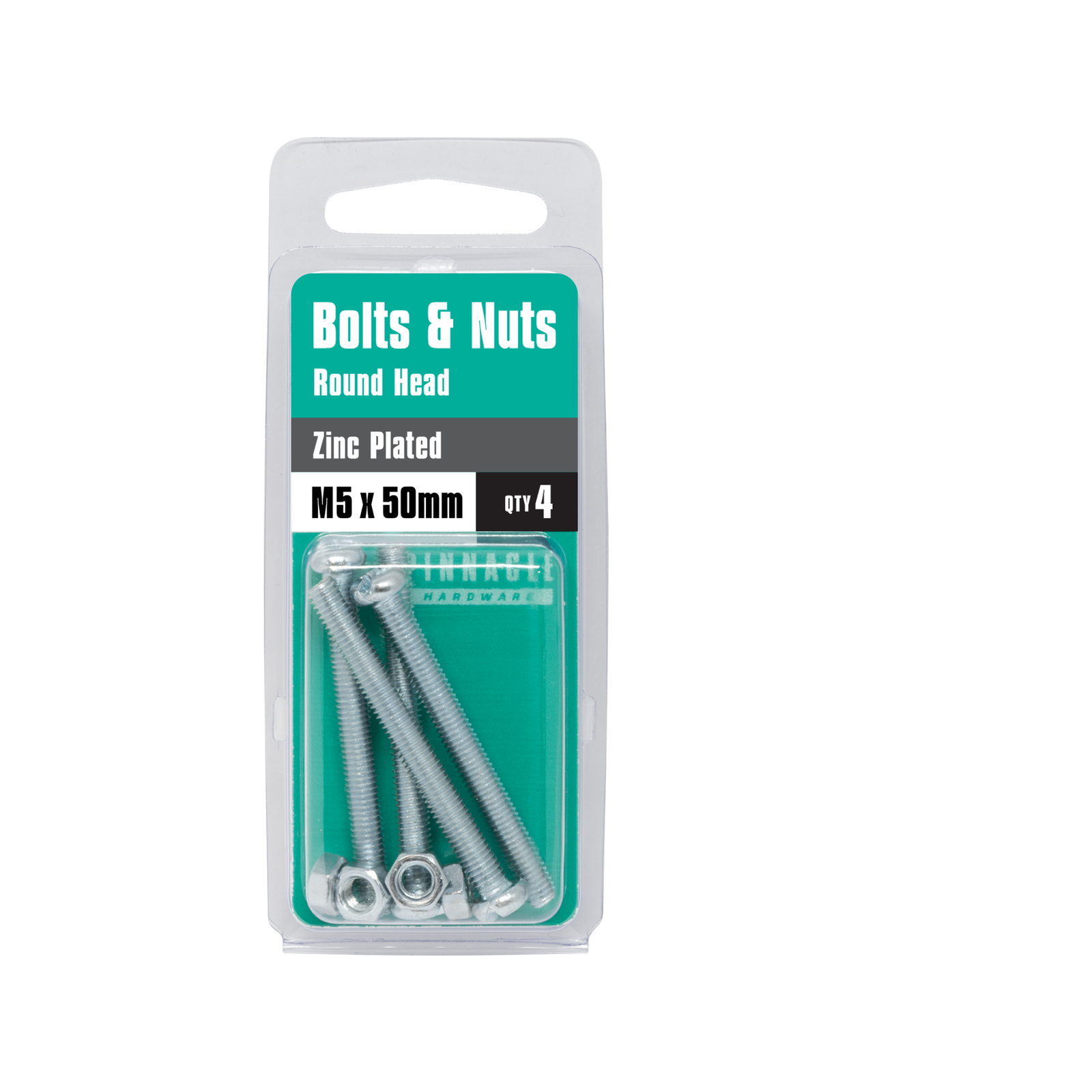Pinnacle M5 x 50mm Zinc Plated Round Head Bolts and Nuts - 4 Pack