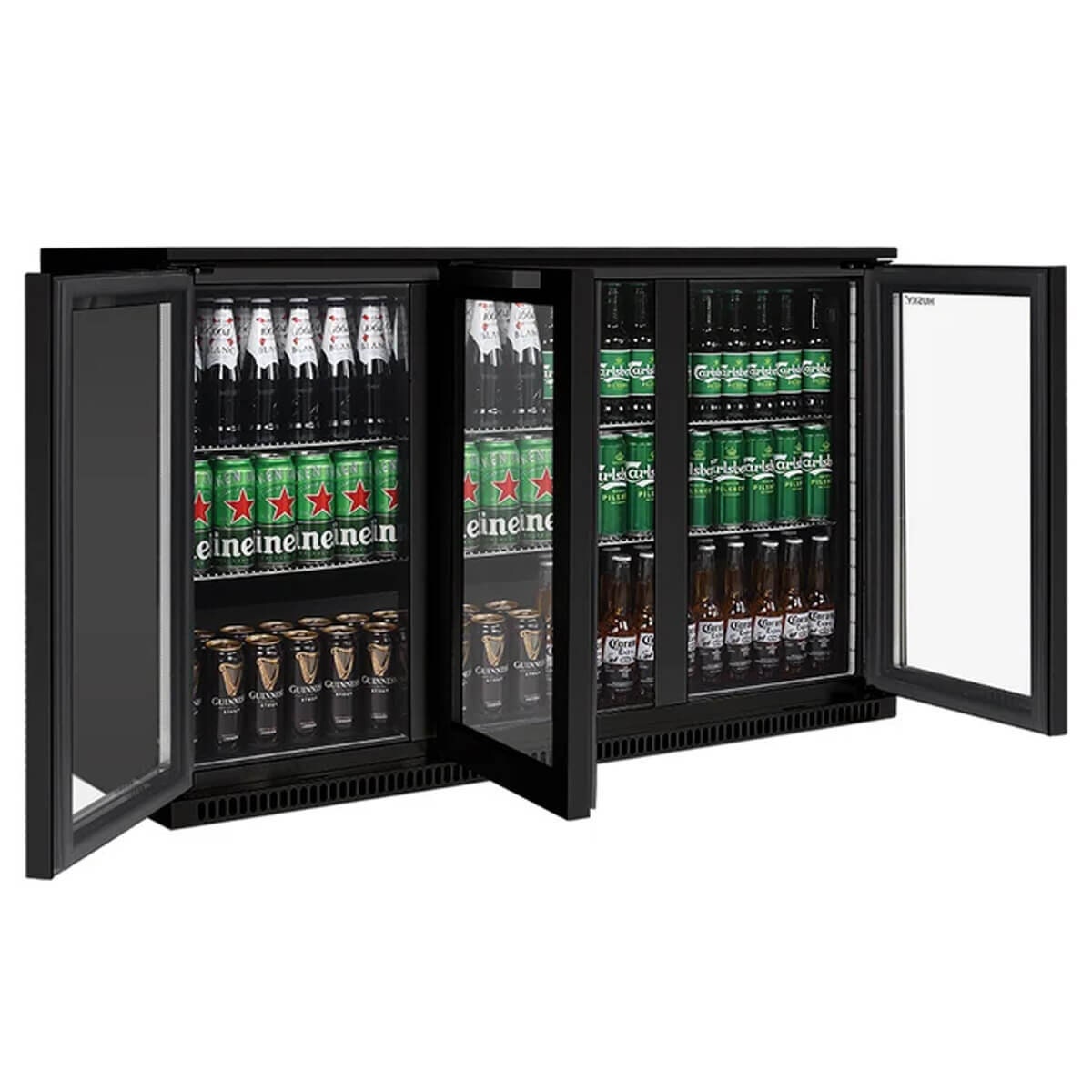 Husky 307L triple door outdoor beverage fridge - black, anti-condensation glass doors - ALFC3BLK840ELB
