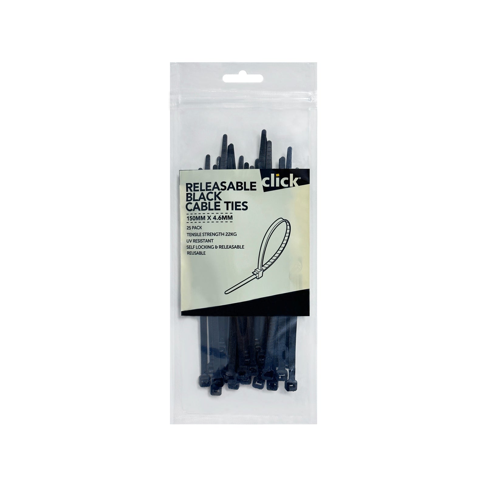 Click 150mm Black Releasable Nylon Cable Tie UV Resistant 25 Pack CTR150B