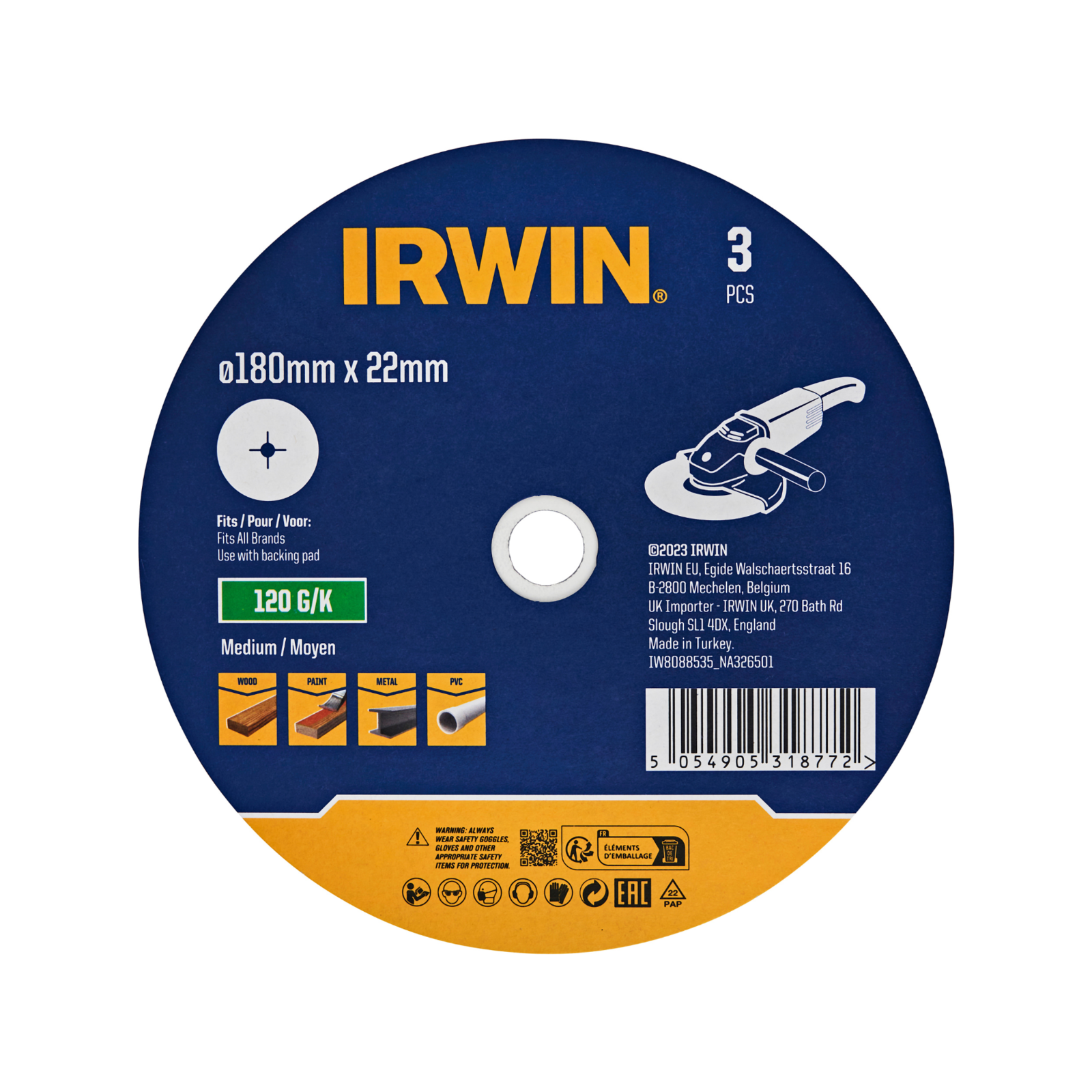 IRWIN 180 x 22mm 120 Grit Fibre Disc - 3 Pack