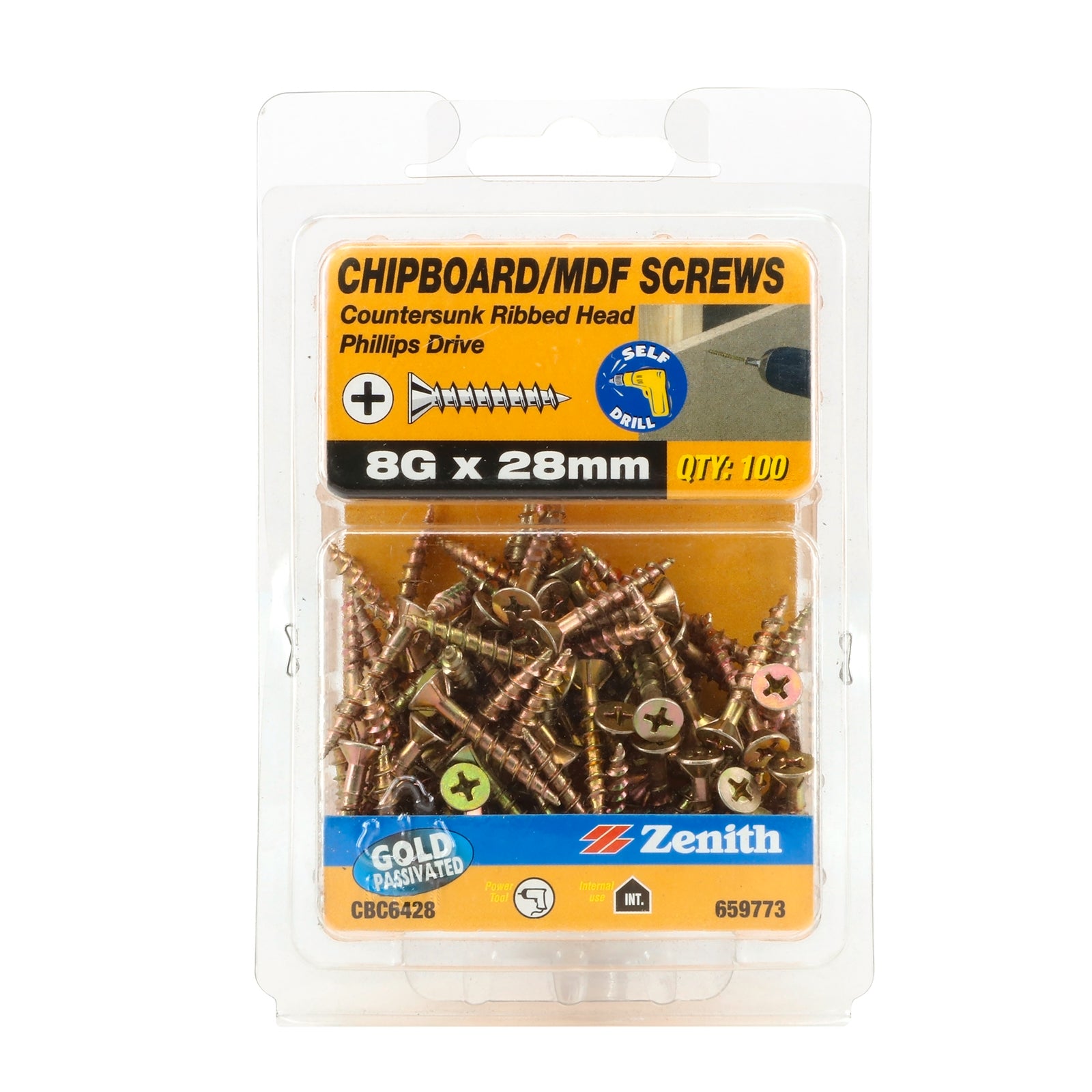 Zenith 8G x 28mm Gold Passivated Countersunk Rib Head Chipboard Screws 100 Pack