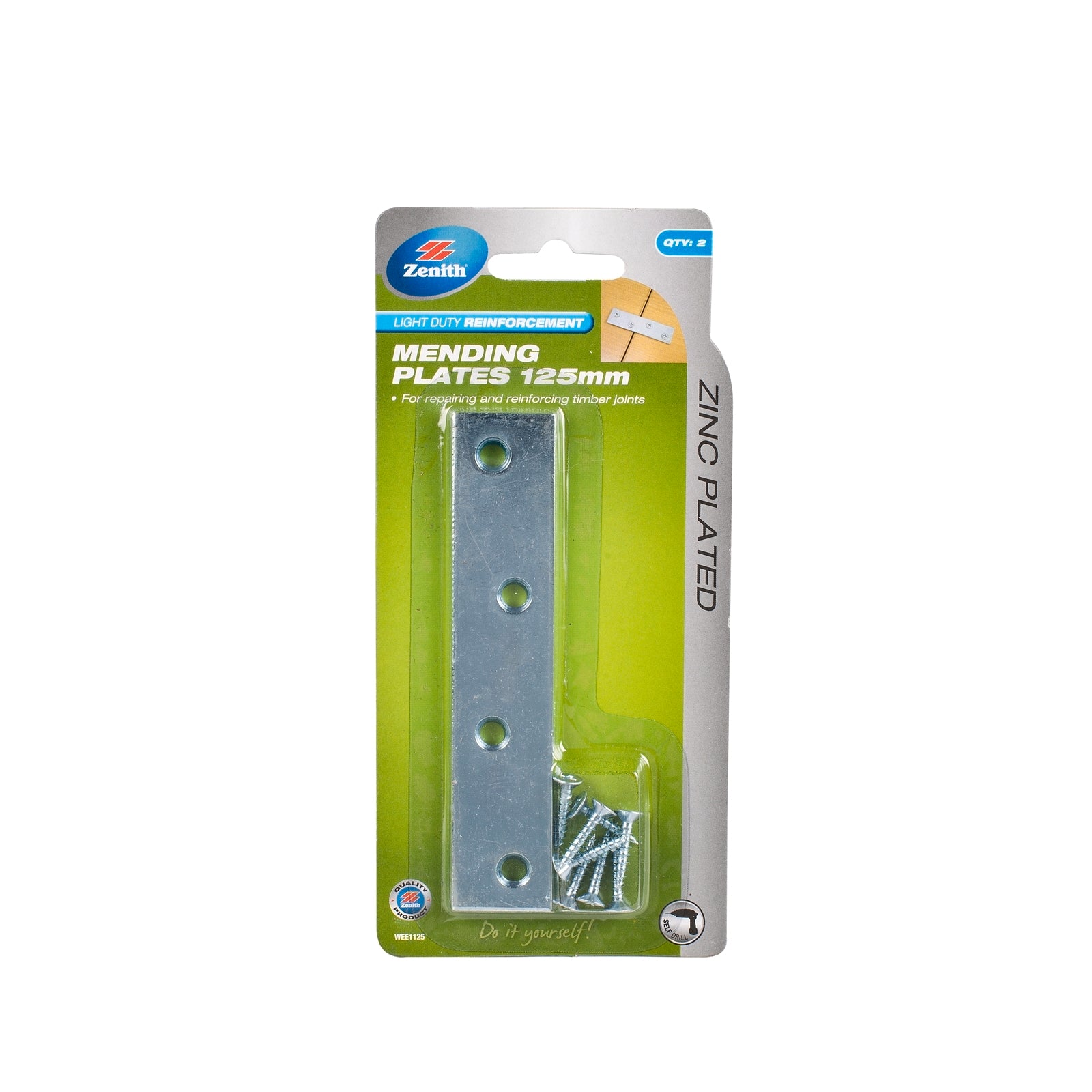Zenith 125mm Zinc Plated Steel Mending Plates, 2 Pack with Screws for Timber Joints