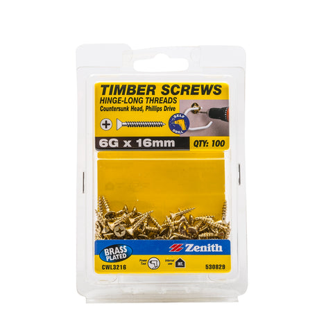 Zenith 6G x 16mm Brass Plated Countersunk Hinge Timber Screws 100 Pack