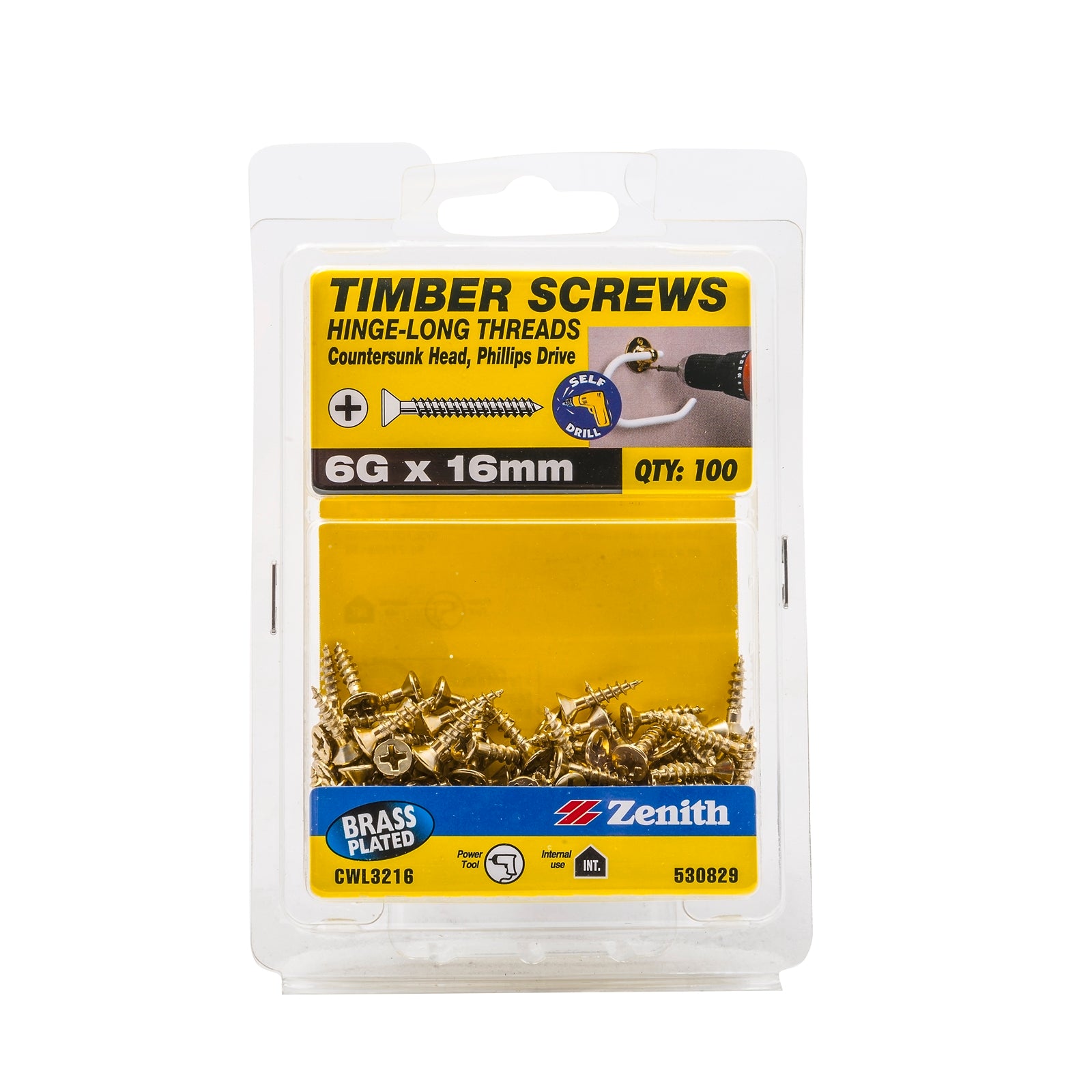 Zenith 6G x 16mm Brass Plated Countersunk Hinge Timber Screws 100 Pack