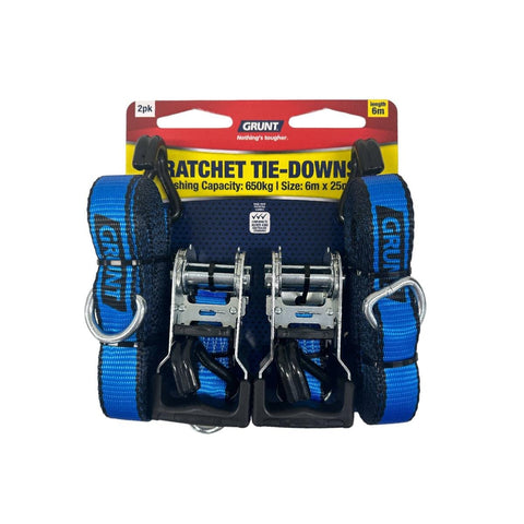 GRUNT Ratchet Tie Down - 25mm x 6m - Polyester - 650KG Lashing Capacity - 2 Pack - SuperSaverAU - view 1