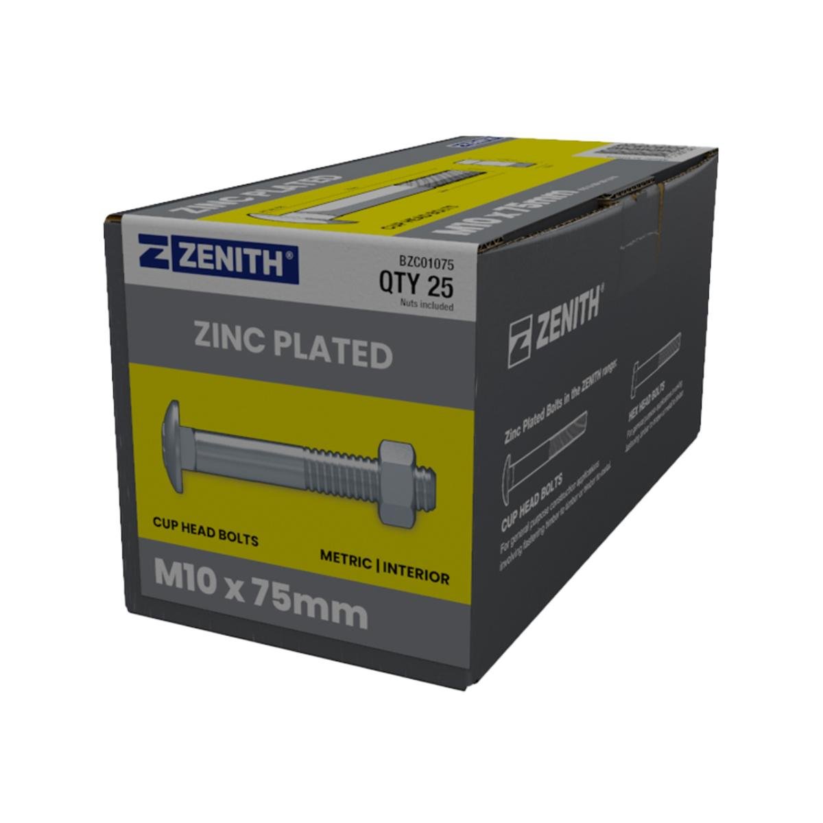 Zenith M10 x 75mm Zinc Plated Cup Head Bolts Nuts - 25 Pack - Coarse Thread - SuperSaverAU - view 1