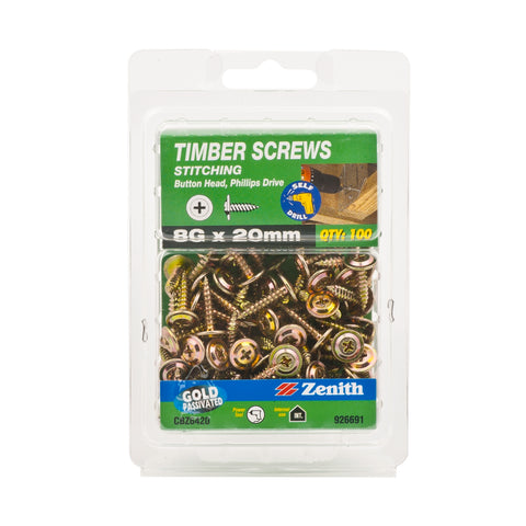 Zenith 8G x 20mm Gold Passivated Button Head Stitching Timber Screws - 100 Pack