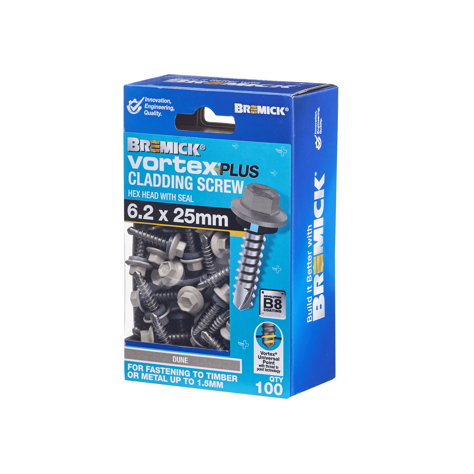 Bremick Vortex Plus 6.2 x 25mm Hex Cladding Screw, Carbon Steel B8 Dune, Sealed Head Vortex Point - 100 Box