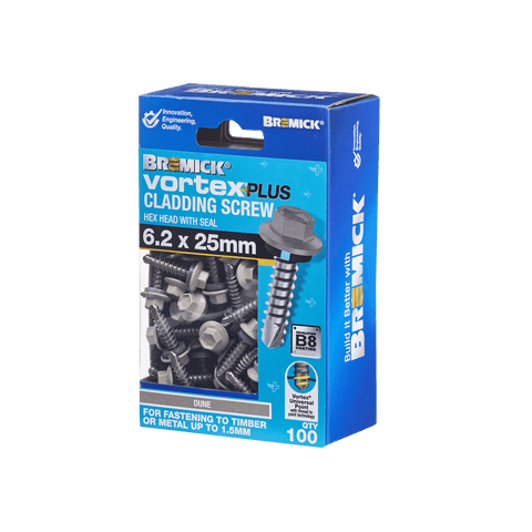 Bremick Vortex Plus 6.2 x 25mm Hex Cladding Screw, Carbon Steel B8 Dune, Sealed Head Vortex Point - 100 Box