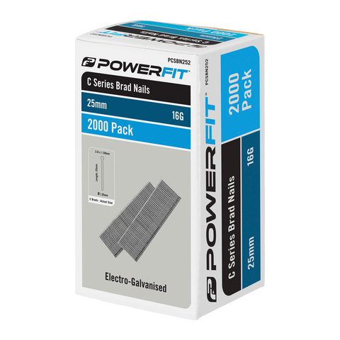 PowerFit 25mm C Series Brad Nails 16 Gauge Electro-Galvanised - 2000 Pack