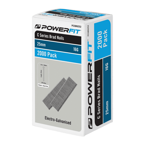 PowerFit 25mm C Series Brad Nails 16 Gauge Electro-Galvanised - 2000 Pack