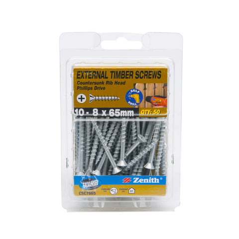 Zenith 10-8 x 65mm Galvanised Countersunk Rib Head Timber Screws - 50 Pack
