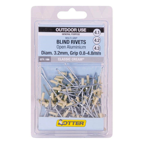 Otter Classic Cream 3.2 x 0.8-4.8mm Multi-Grip Open Aluminium Rivets 100 Pack