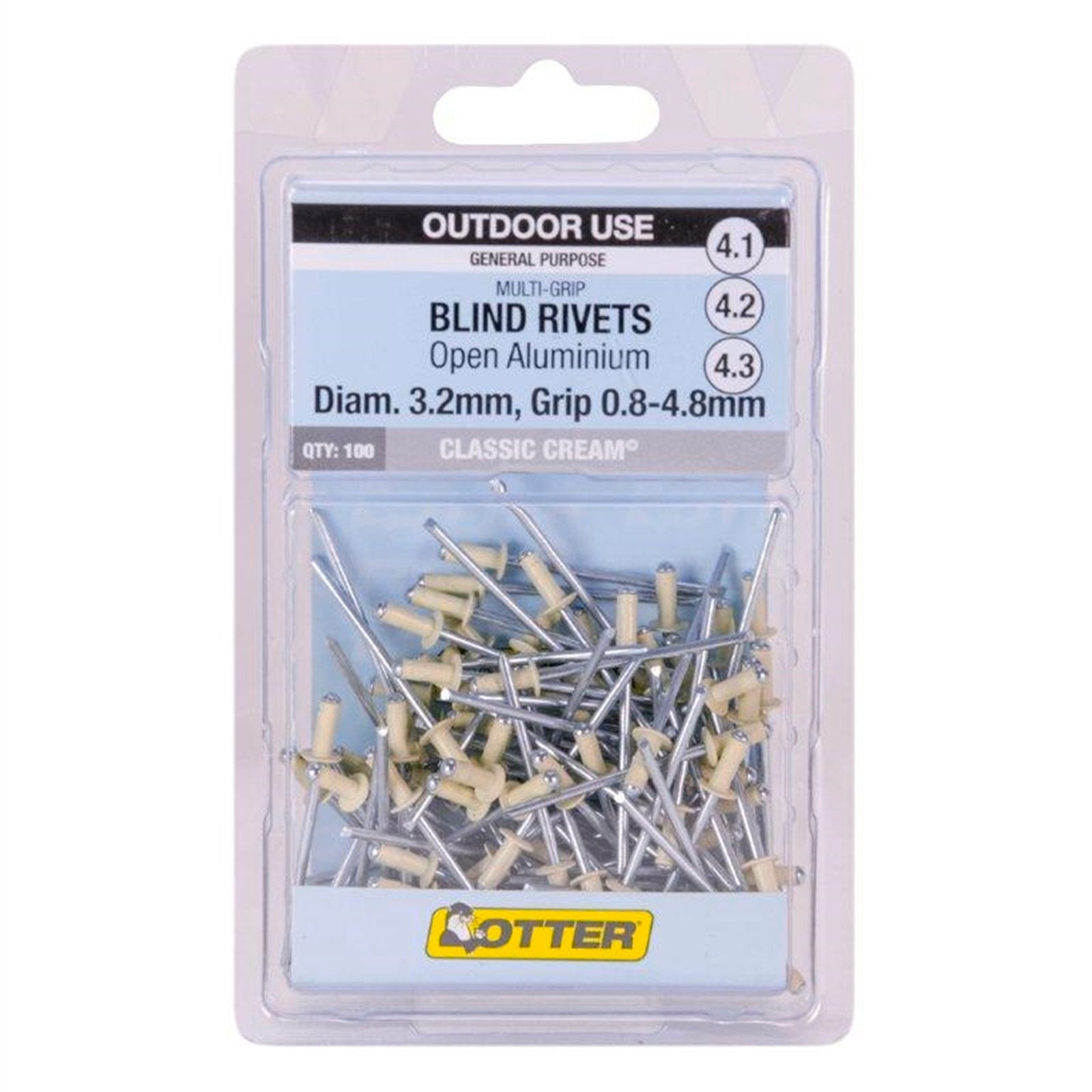 Otter Classic Cream 3.2 x 0.8-4.8mm Multi-Grip Open Aluminium Rivets 100 Pack
