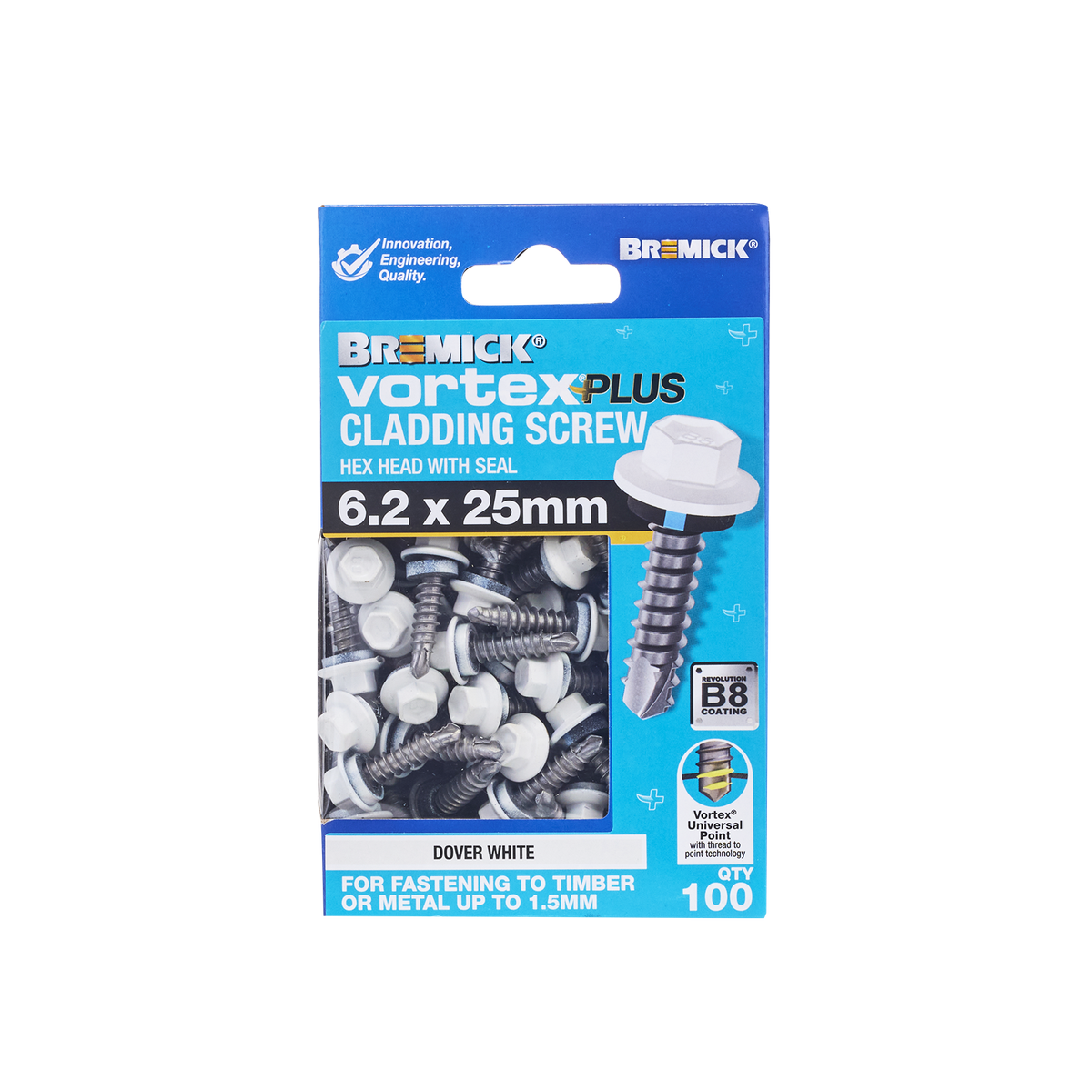 Bremick Vortex Plus Cladding Screw 6.2 x 25mm - Hex B8 - Dover White - Box of 100 - Watertight Seal - Full Thread Design - SuperSaverAU - view 2