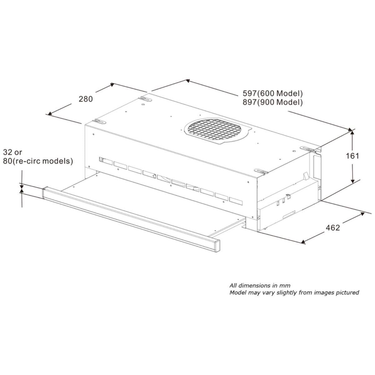 Robinhood 90cm Slideout Rangehood - Interchangeable Fascia Panels, 397m³/h Max - RO91SSWH80