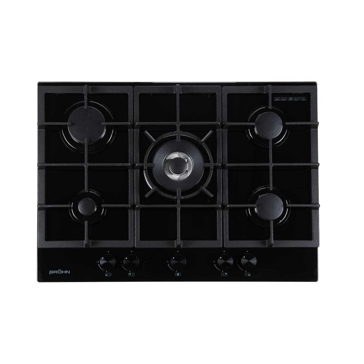 Brohn 70cm Natural Gas Cooktop - Black Tempered Glass, Five Burners, Triple Crown Wok Burner - BRG7000BLK