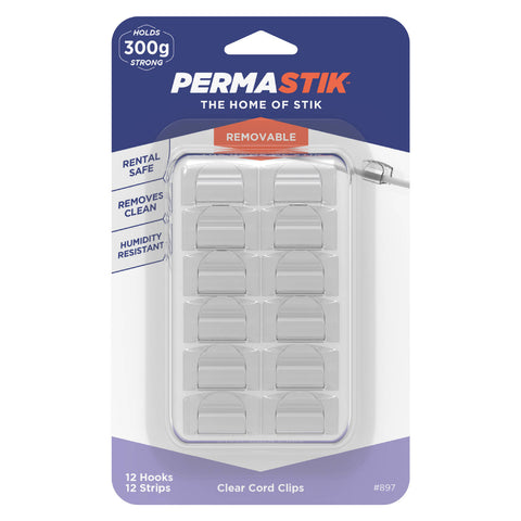 Permastik Clear Cord Clips 12 Pack - Self Adhesive Indoor Cable Clips