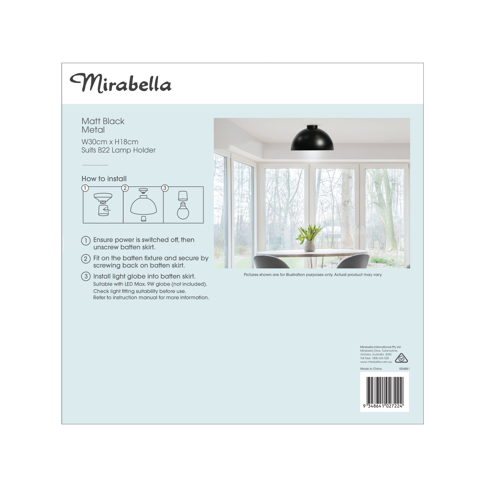 Mirabella Eliza Batten Fix, Black, DIY Plug-In Ceiling Light