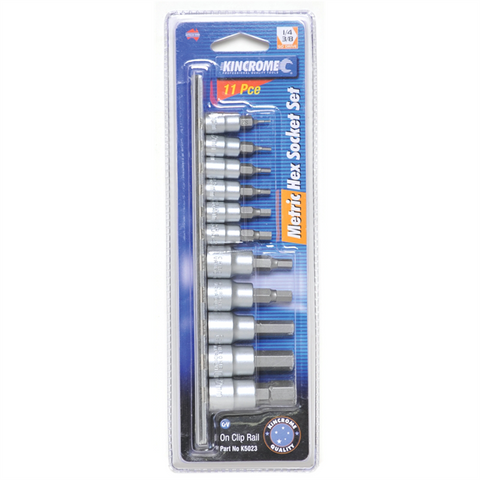 Kincrome 11 Piece 1/4" & 3/8" Drive Metric Hex Socket Set, Chrome Vanadium with Clip Rail