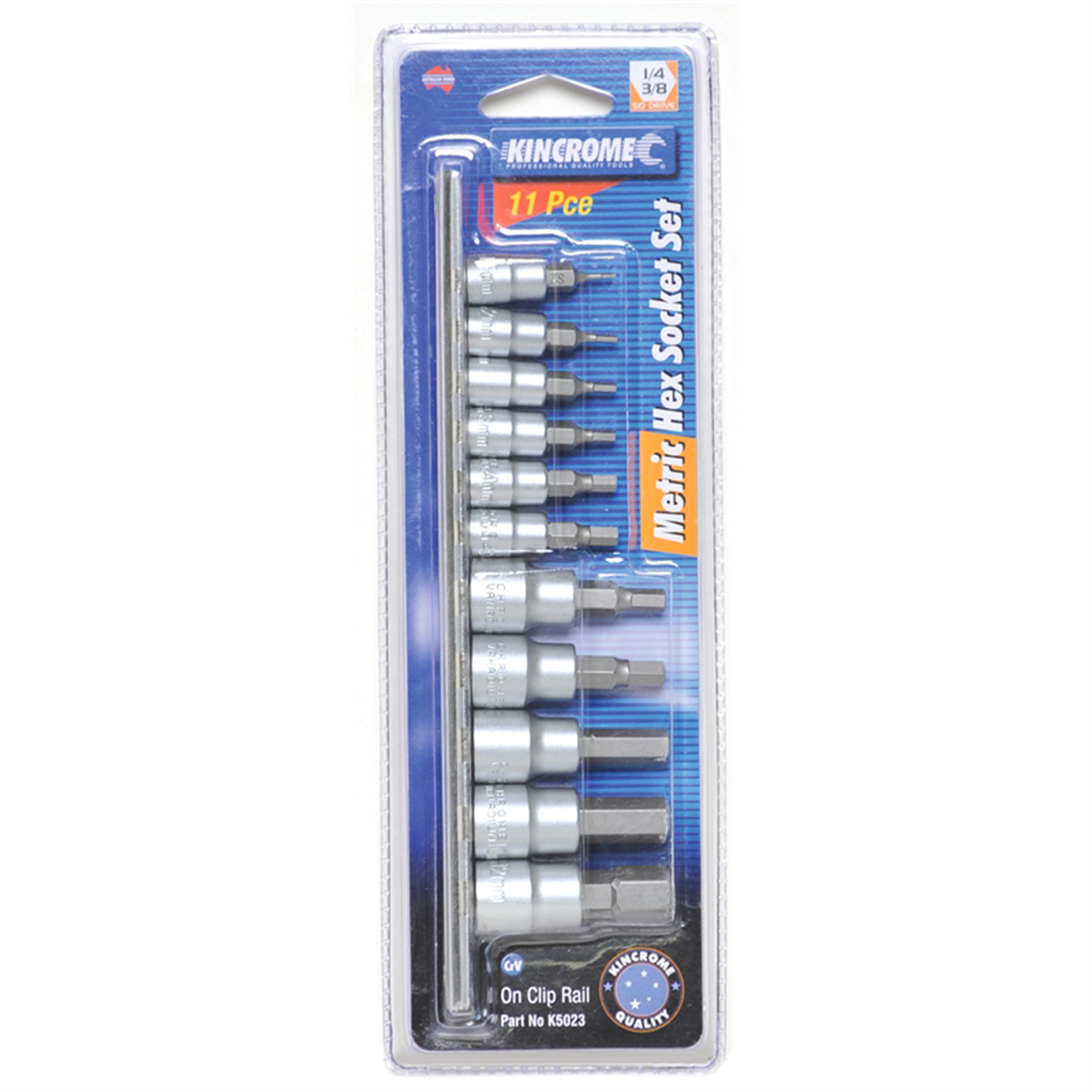Kincrome 11 Piece 1/4" & 3/8" Drive Metric Hex Socket Set, Chrome Vanadium with Clip Rail