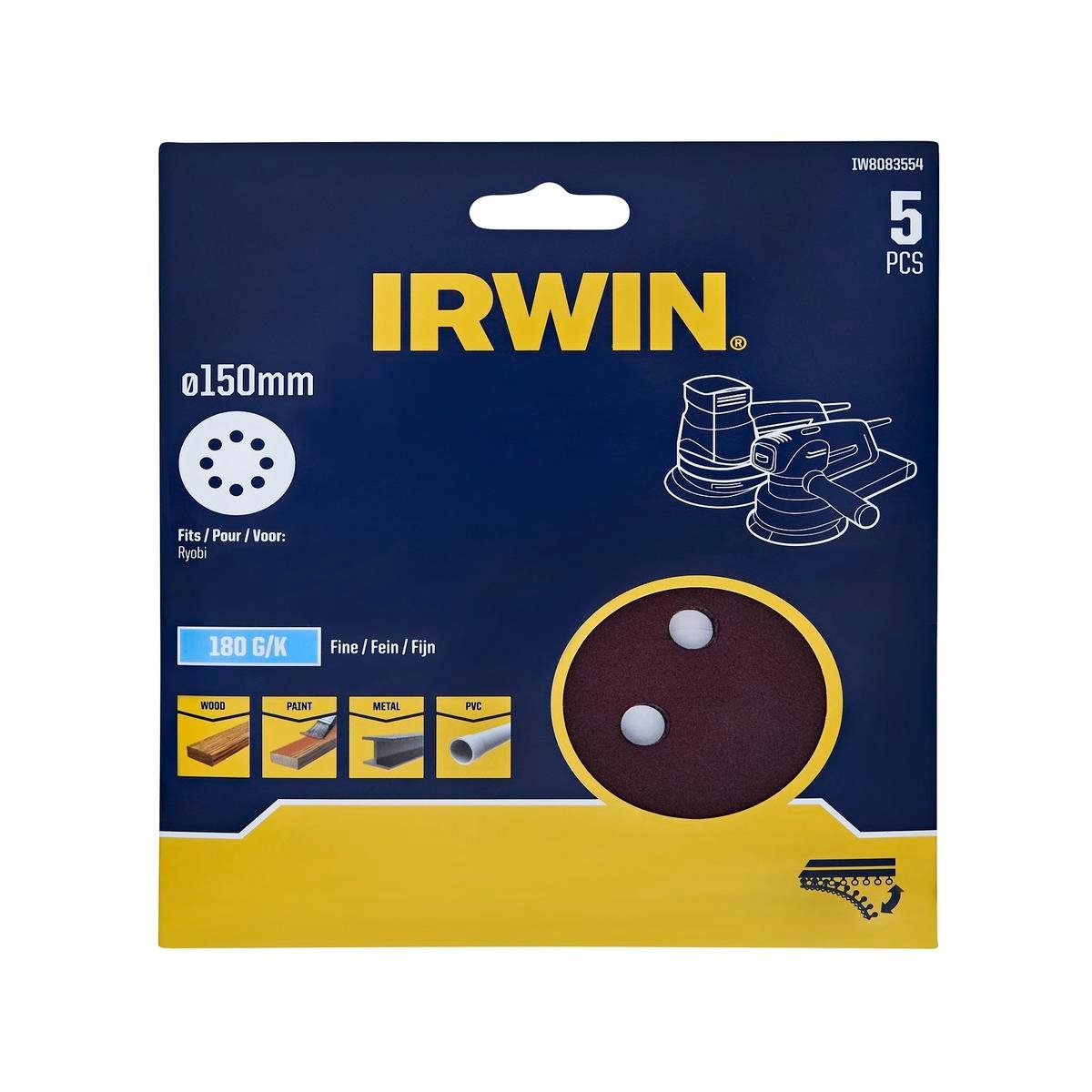 IRWIN 150mm 180 Grit 8 Holes Quick Fit Random Orbital Sanding Discs - 5 Pack
