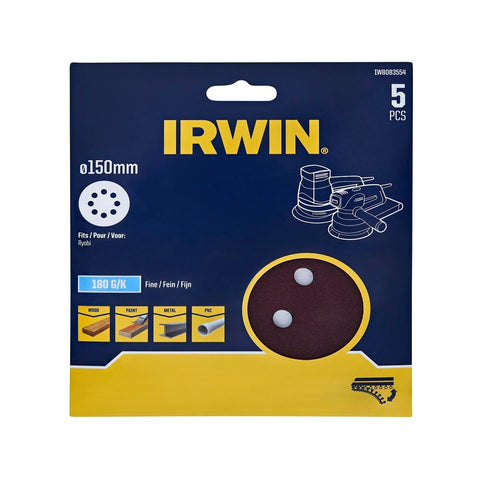 IRWIN 150mm 180 Grit 8 Holes Quick Fit Random Orbital Sanding Discs - 5 Pack