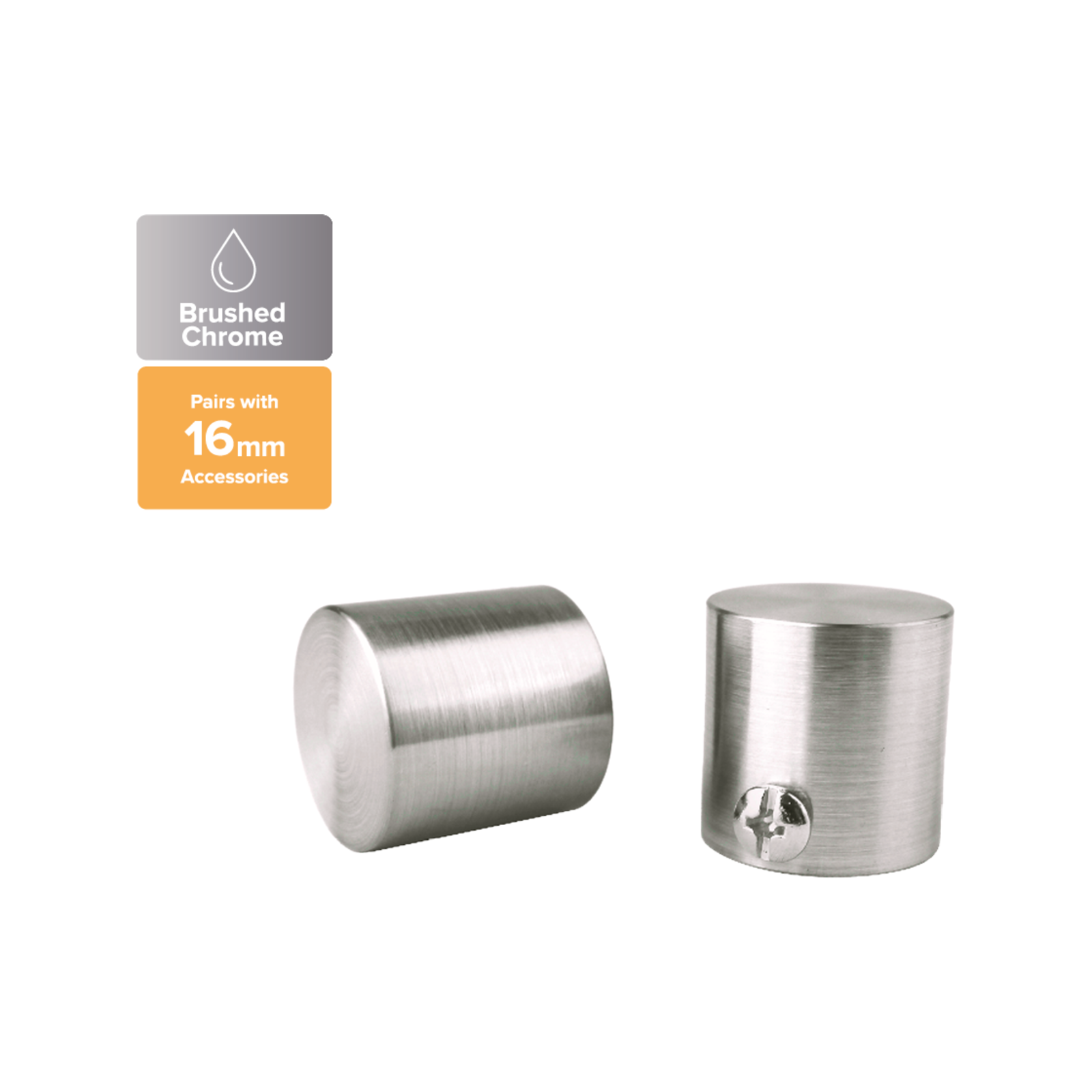 Pillar 16mm Brushed Chrome Aluminium Curtain Rod Finial Cap - 2 Pack