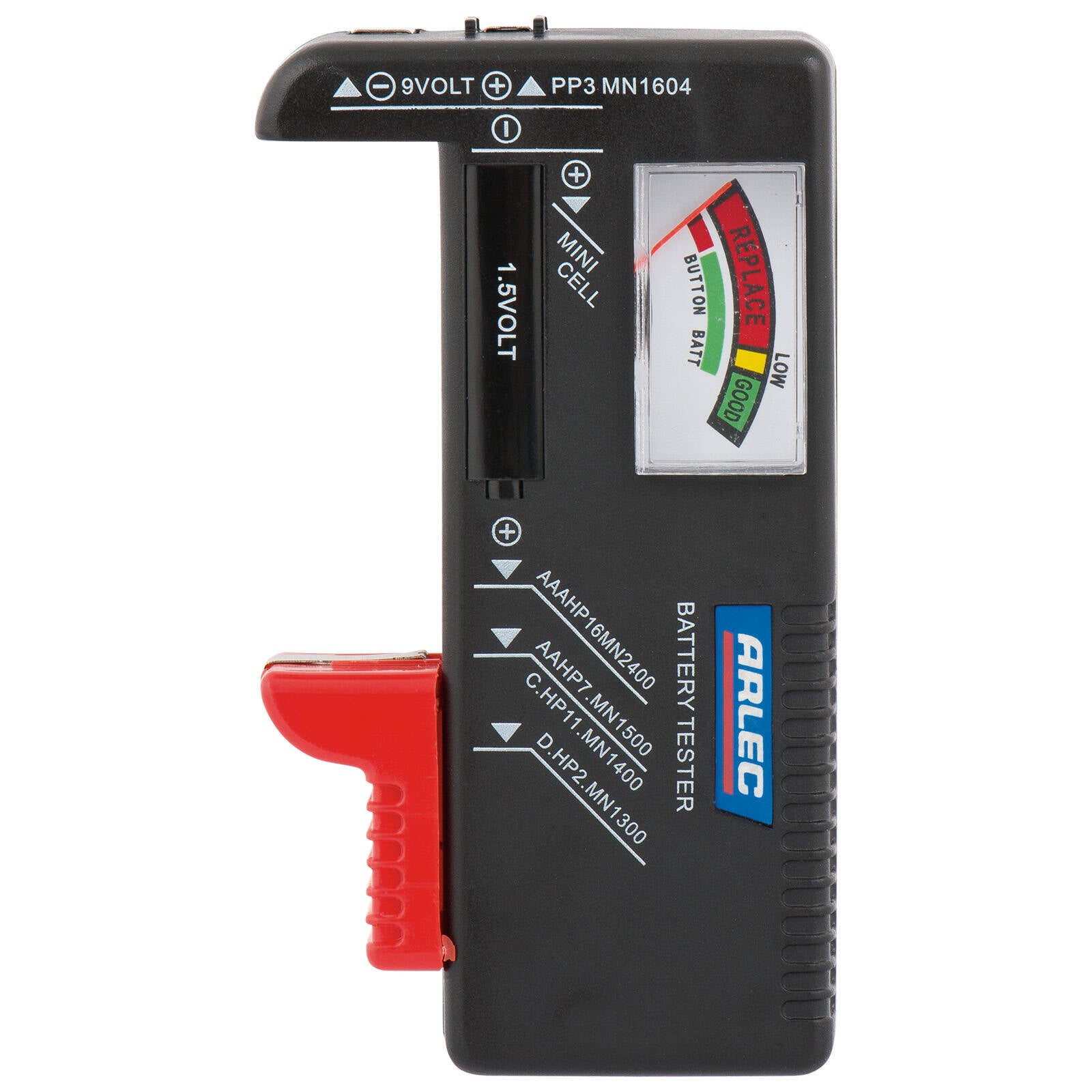Arlec Battery Tester for AA, AAA, C, D and 9V Batteries, Colour-Coded Meter, Grey