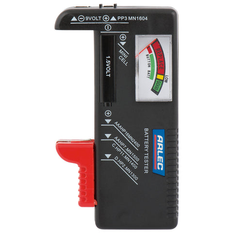 Arlec Battery Tester for AA, AAA, C, D and 9V Batteries, Colour-Coded Meter, Grey
