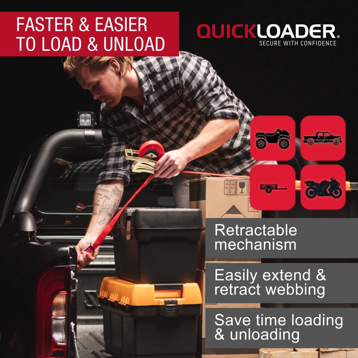 Quickloader Retractable Ratchet Strap Tie Down 5m x 35mm 1000kg - 2 Pack - Red - Heavy-Duty Cargo Securement - SuperSaverAU - view 3