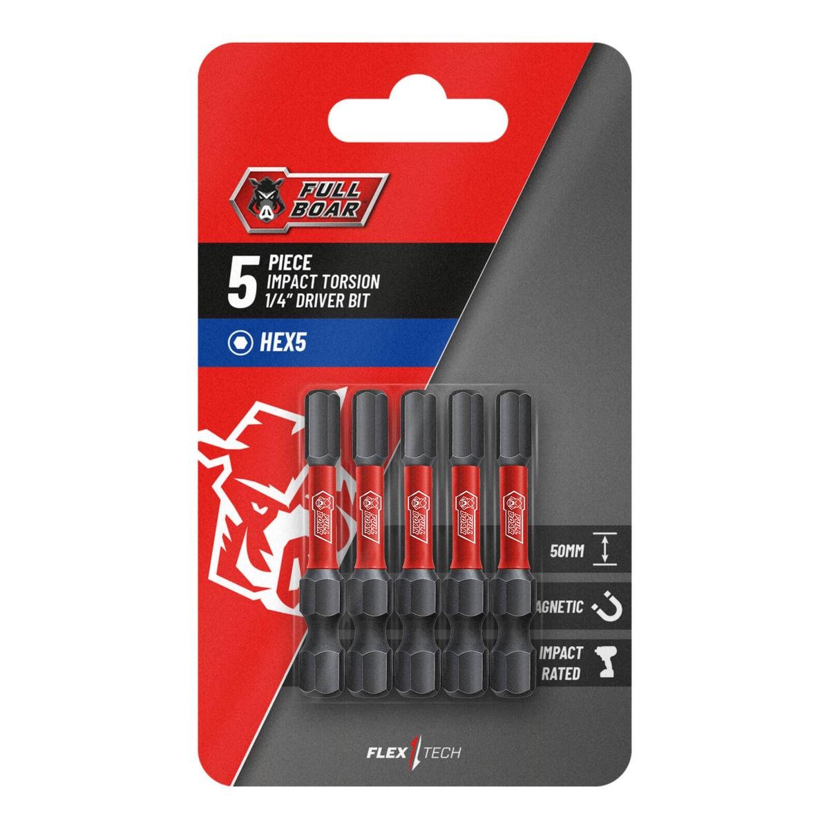Full Boar 50mm HEX5 Impact Torsion Bit S2 Steel - 5 Pack